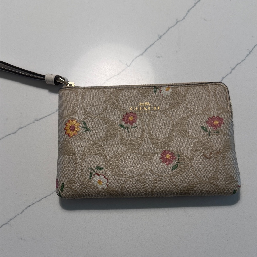 Coach Beige Signature Floral Wristlet with Gold Logo